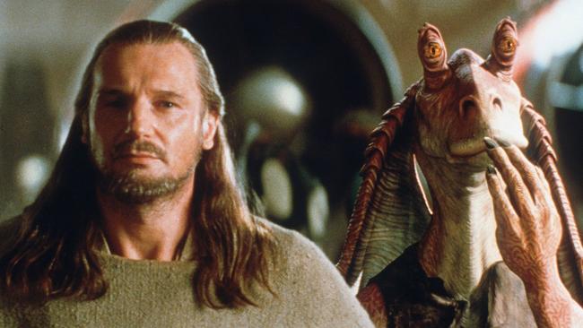 Liam Neeson and Jar Jar Binks in The Phantom Menace.