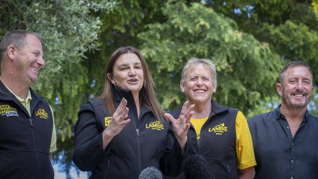 Senator Jacqui Lambie with Lambie Network Lyons candidates, (L-R) Troy Pfitzner, Lesley Pyecroft and Andrew Jenner at Richmond. Picture: Chris Kidd