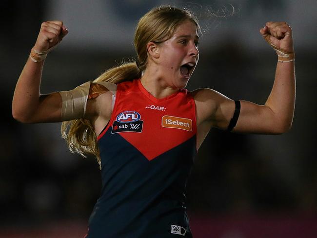 AFLW Melbourne Demons v Collingwood Katherine Smith celebrates the win Picture:Wayne Ludbey