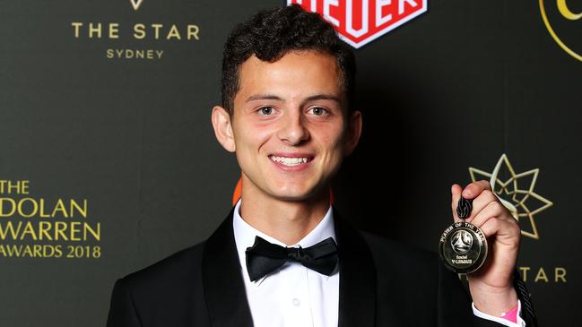 Adelaide United’s Louis D'Arrigo with the 2018 Foxtel National Y-League Player of the Year award during the FFA Dolan Warren Awards at The Star in Sydney. (Photo by Mark Kolbe/Getty Images)