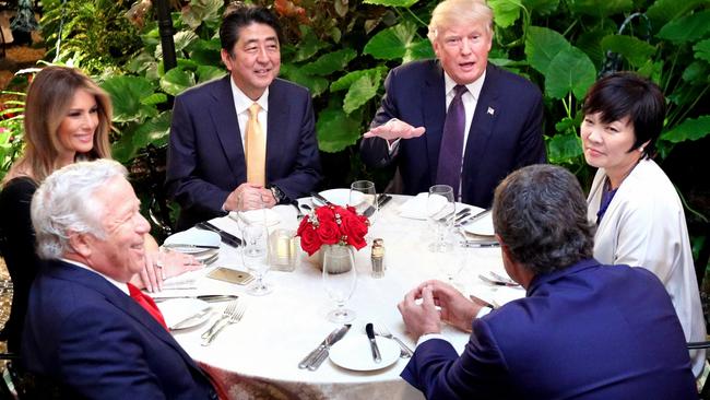 Japanese Prime Minister Shinzo Abe, his wife Akie, pictured with US President Donald Trump and his wife Melania at Mar a Lago, Florida, in February. Picture: The Asahi Shimbun/Getty Images