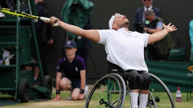 Dylan Alcott celebrates after winning the quad wheelchair singles final.