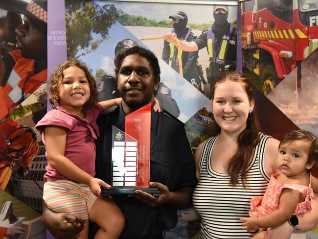 Auxiliary or Volunteer Firefighter of the Year recipient Dwayne Jones celebrating with his family. Picture: Sam Lowe