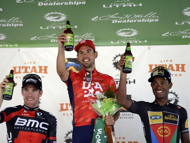 Tour of Utah Stage 7 winner Lachlan Norris celebrates.