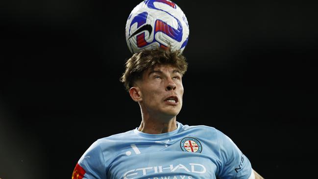 MELBOURNE, AUSTRALIA - JANUARY 07: Jordan Bos of Melbourne City heads the ball during the round 11 A-League Men's match between Melbourne City and Western United at AAMI Park, on January 07, 2023, in Melbourne, Australia. (Photo by Daniel Pockett/Getty Images)