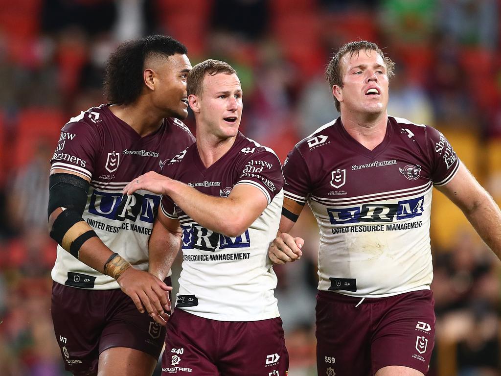 Manly stars Haumole Olakau'atu, Daly Cherry-Evans and Jake Trbojevic. Picture: Chris Hyde/Getty Images