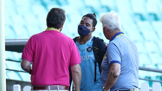 Mohammed Siraj of India speaks with Cricket Australia staff after day three of the 3rd Test match in the series between Australia and India at Sydney Cricket Ground today. Picture: Ryan Pierse/Getty Images