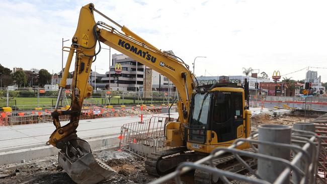 Constructions sites around Parramatta, including the light rail at Camellia and along Church Street (pictured) have ground to a halt after the NSW government put a ‘pause’ on construction jobs due to Covid-19 spreading across Sydney. Picture: David Swift