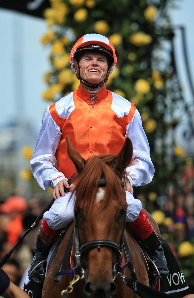 Jockey Craig Williams wins the Melbourne Cup on Danny O'Brien-trained Vow and Declare. Picture: Mark Stewart