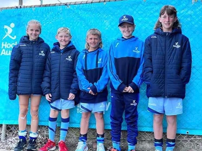 The five Grafton representatives at the 2022 Hockey Australia U13 championships in Hobart. From left: Meg Amos, Oscar Woods, Thomas Boehm, Max Oxenbridge and Zayden Third.