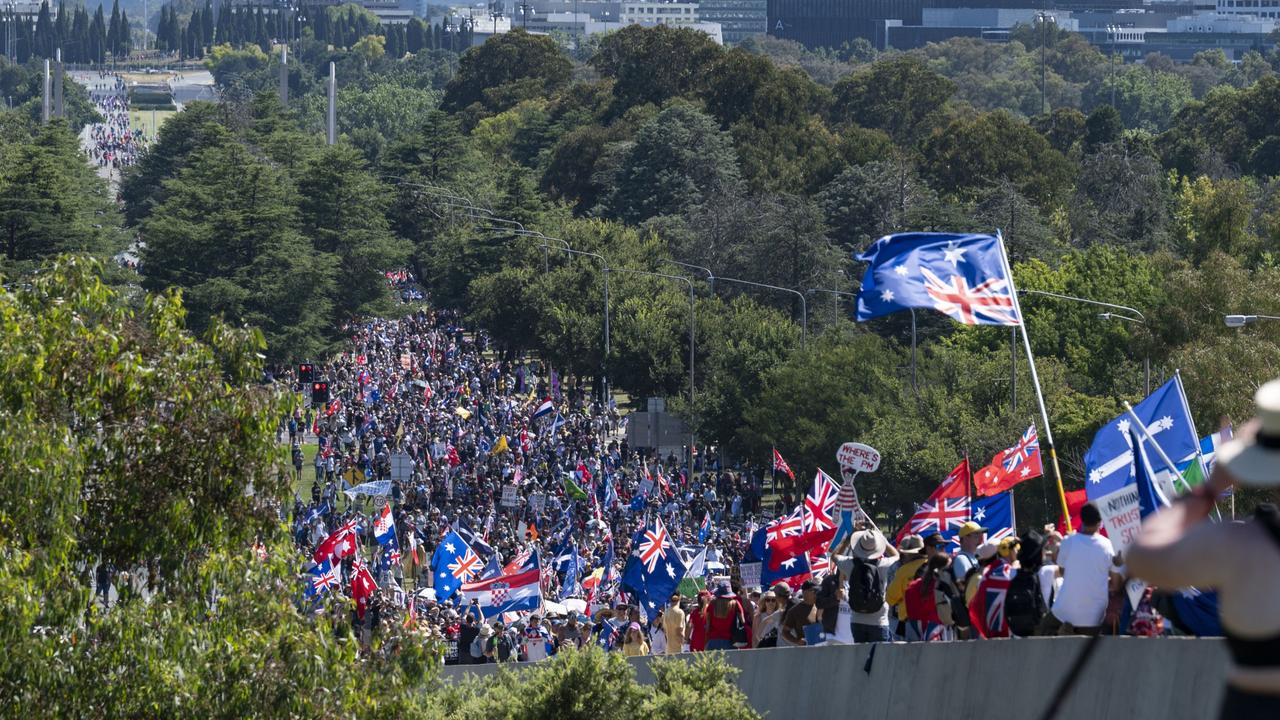 The demonstrators carried flags as they marched. Picture: NCA NewsWire/Martin Ollman