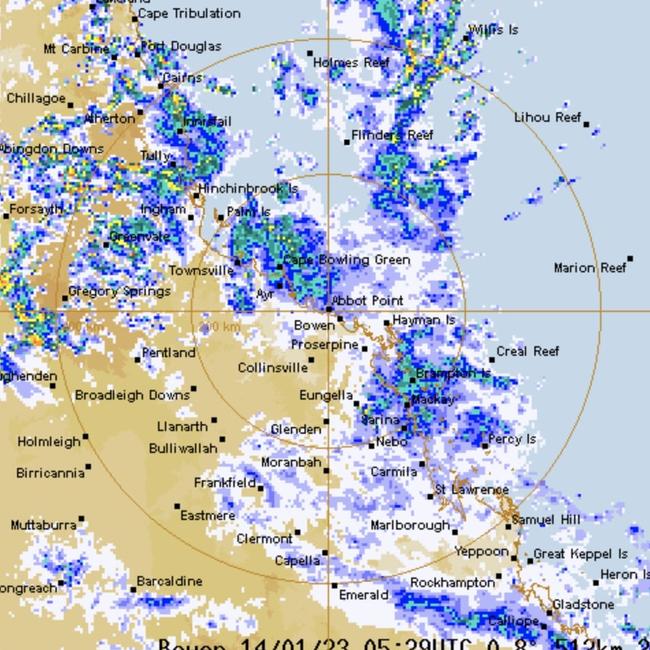 The Bureau of Meteorology's rain radars show heavy rain is smashing large parts of Queensland, January 14, 2023. Picture: BOM