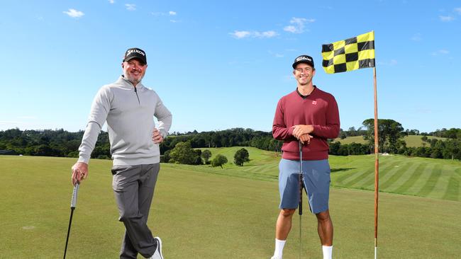 Maleny Golf Club Pro Wayne Perske with mate Adam Scott after playing 9 holes at the Maleny Golf Club live on Instagram to launch the now 18 hole course and encourage Sunshine Coast locals to get back out on the course after isolation. Photo Lachie Millard