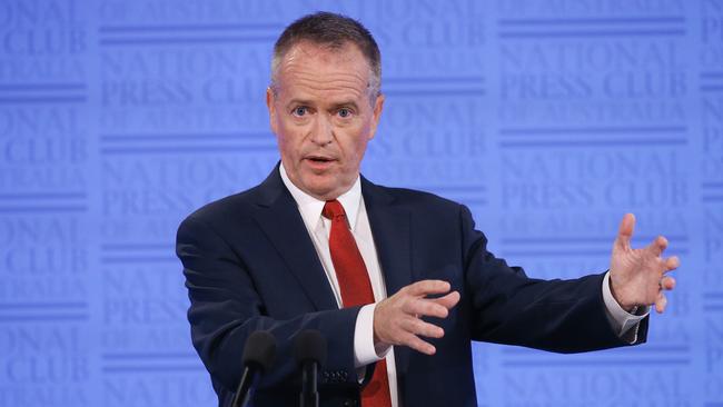 Opposition Leader Bill Shorten addressing the National Press Club in Canberra yesterday. Picture: Kym Smith