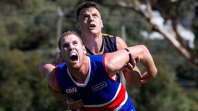 Andrew Browne locks horns with Hamish McIntosh in the EDFL. Picture: Mark Dadswell