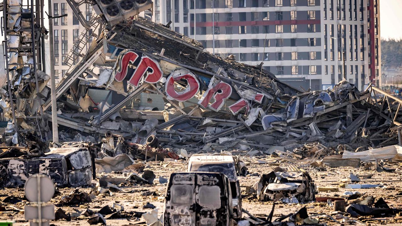 Kyiv's Retroville shopping mall lies in ruins after it was bombed by Russian forces. Picture: AFP