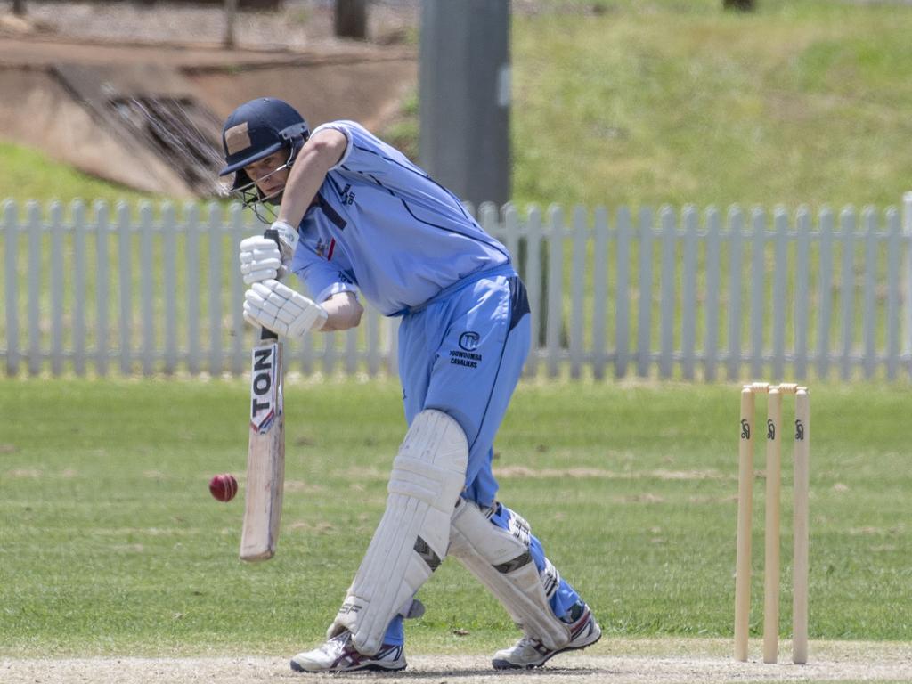 Harrison Tzannes bats for Toowoomba. Mitchell Shield, Toowoomba vs Lockyer. Sunday, January 23, 2022. Picture: Nev Madsen.