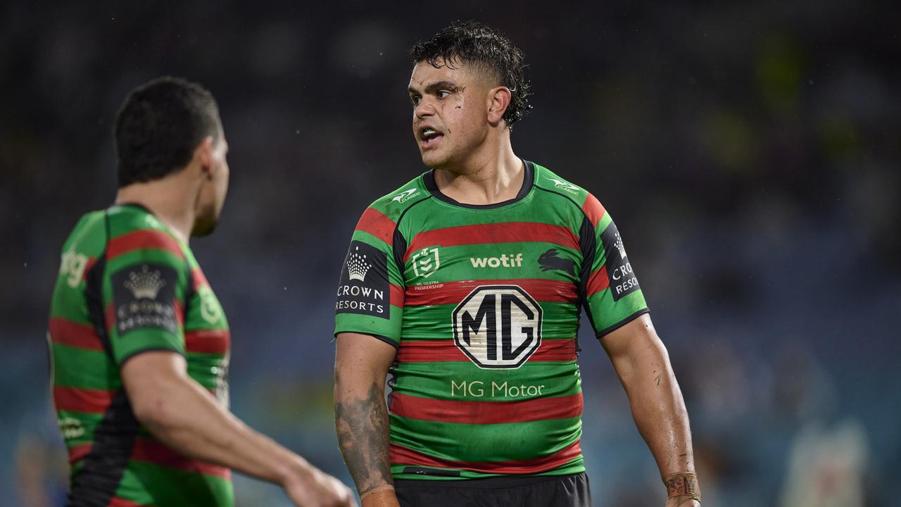 SYDNEY, AUSTRALIA - JULY 02: Latrell Mitchell of the Rabbitohs looks on during the round 16 NRL match between the South Sydney Rabbitohs and the Parramatta Eels at Stadium Australia, on July 02, 2022, in Sydney, Australia. (Photo by Brett Hemmings/Getty Images)