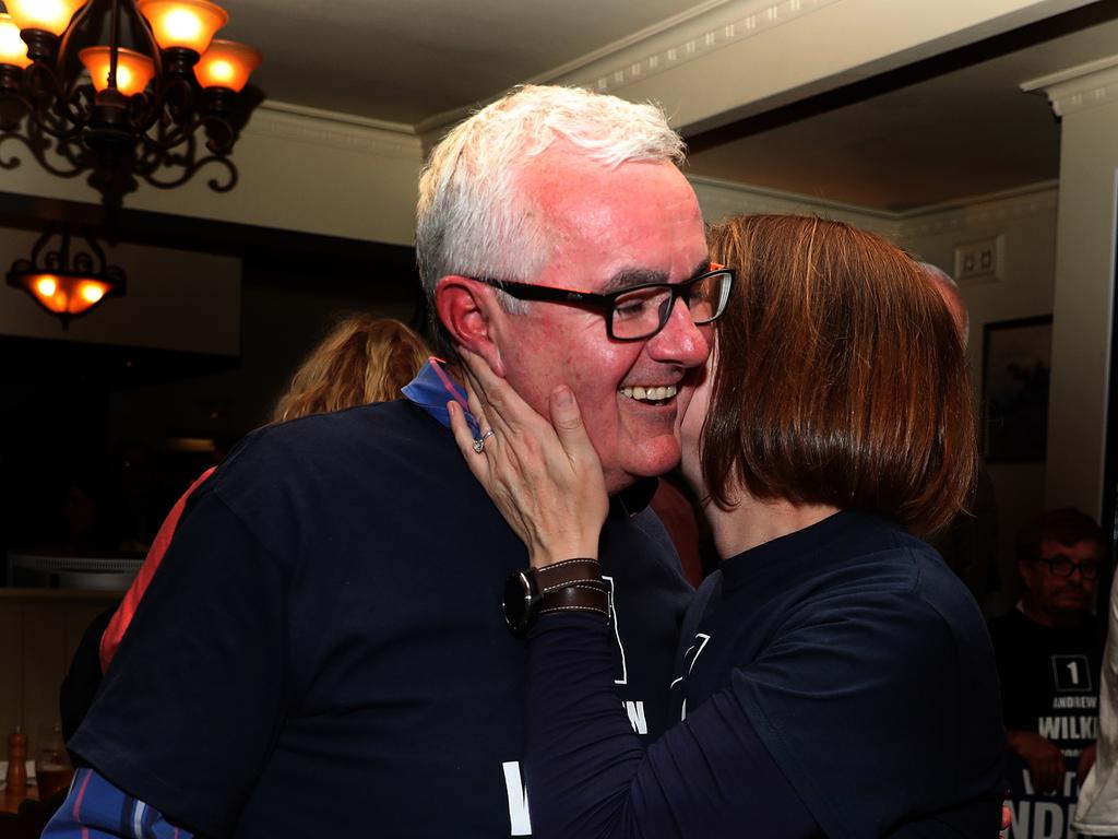 Independent member for Clark, Andrew Wilkie celebrates his win with partner Doctor Clare Ballingall at the Tasmanian Inn in Hobart. Picture: NIKKI DAVIS-JONES