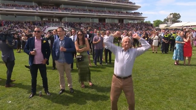 Punters celebrate as Vow and Declare wins the 2019 Melbourne Cup