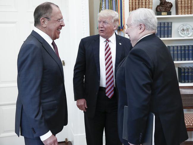 US President Donald Trump speaks with Russian Foreign Minister Sergei Lavrov (left) and Russian Ambassador to the US, Sergei Kislyak during the meeting at the White House in Washington DC. Picture: Russian Foreign Ministry.