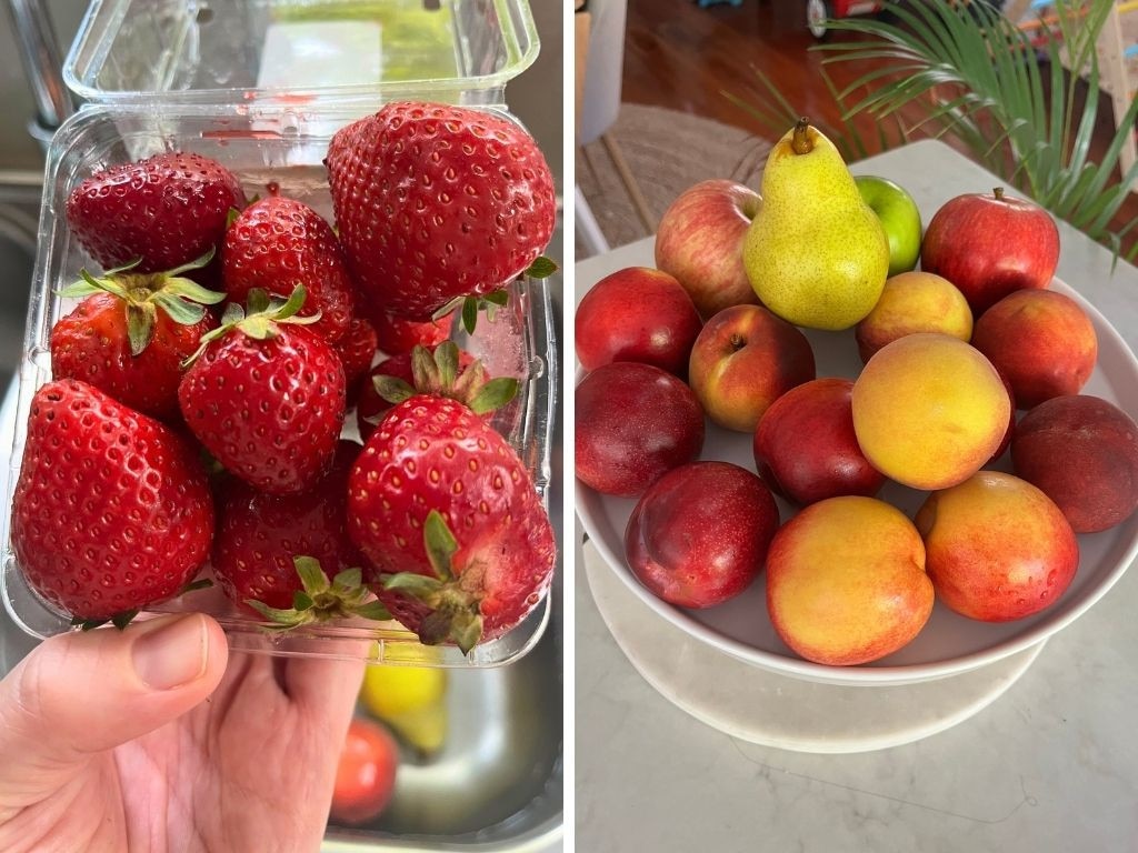 The freshness of the EveryPlate fruit box wasn’t great – the punnet of strawberries and some stone fruit were soft and needed to be eaten that day. Picture: Supplied