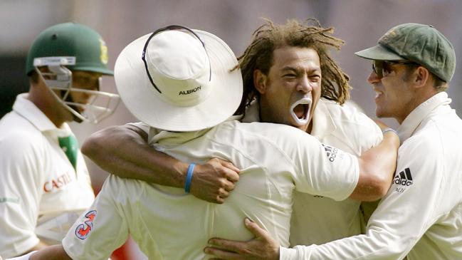 Andrew Symonds and Matthew Hayden celebrate the wicket of South Africa's Jacques Kallis, in 2005 Picture: AP