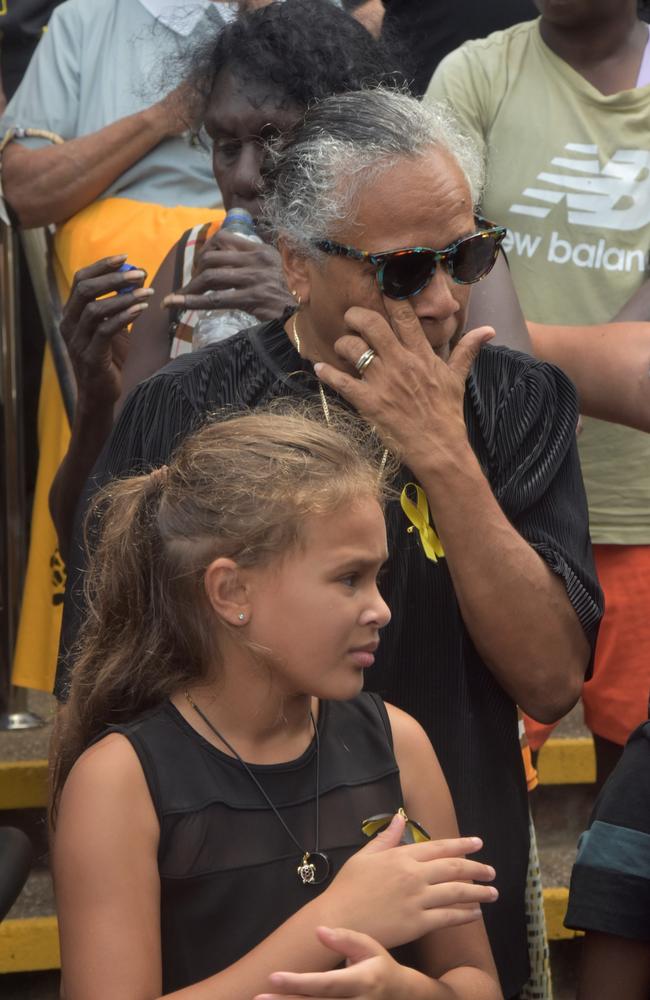 Mr Costa’s wife Ebony was supported by the Tiwi Island community at her husband’s state funeral. Picture: Sierra Haigh