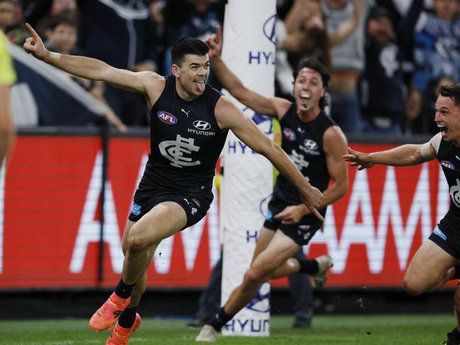 Matt Kennedy takes off after kicking a late goal. Picture: Michael Klein