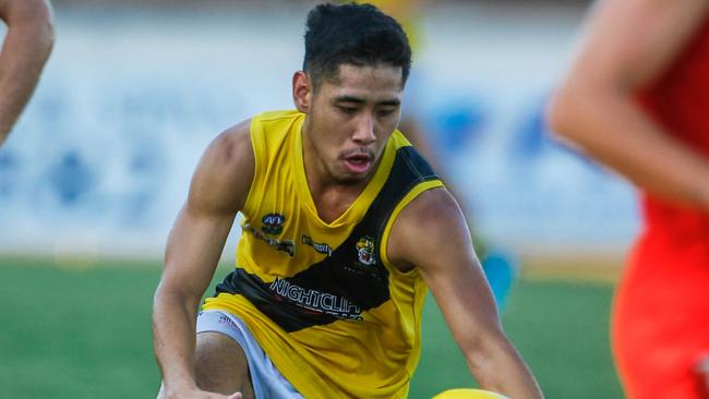 Nightcliff speedster Ryan Mu is back in the Tigers’ lineup for the clash with Southern Districts at Norbuilt Oval. Picture: GLENN CAMPBELL