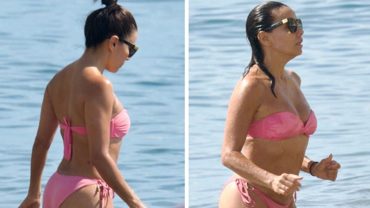 Eva Longoria frolics on Spanish beach in strapless pink bikini