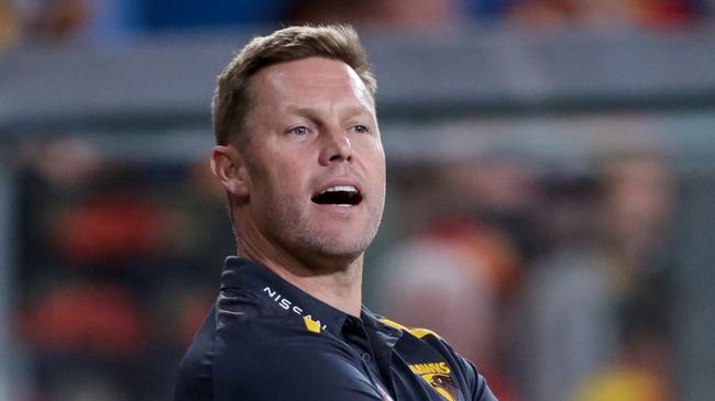 GOLD COAST, AUSTRALIA - APRIL 13: Sam Mitchell, Senior Coach of the Hawks is seen during the 2024 AFL Round 05 match between the Gold Coast SUNS and the Hawthorn Hawks at People First Stadium on April 13, 2024 in Gold Coast, Australia. (Photo by Russell Freeman/AFL Photos via Getty Images)