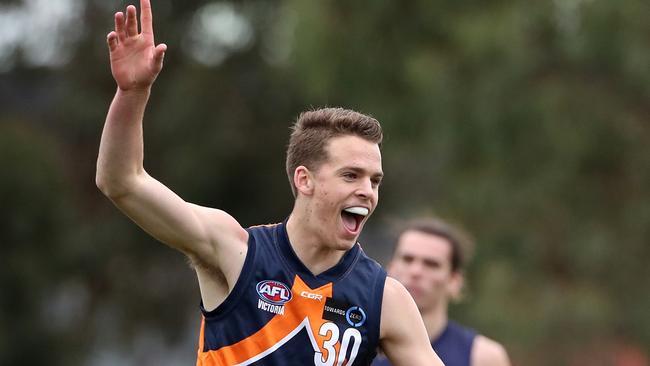 Mitchell Podhajski celebrates a goal for Calder Cannons during the TAC Cup season. Picture: Mark Dadswell.