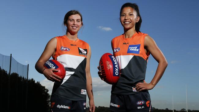 Maddy Collier and Cabramatta’s Mai Nguyen from the women's GWS headquarters in Homebush. Pic Brett Costello