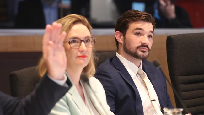 Cr Brooke Patterson and Ryan Bayldon-Lumsden in the council chamber. Picture Glenn Hampson