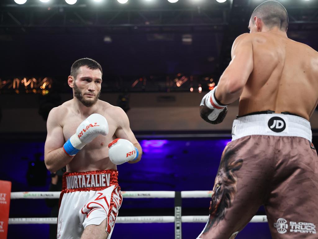 Bakhram Murtazaliev sizes up Tim Tszyu. Picture: Tom Pombart / No Limit Boxing