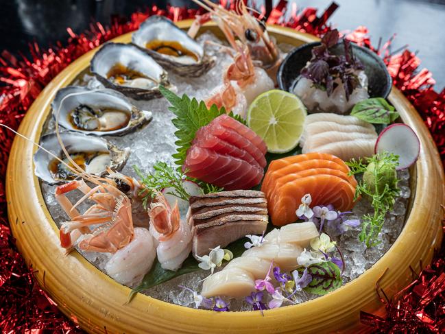 Sokyo’s sashimi platter of scampi, snapper and tuna. And freshly shucked oysters.