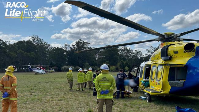 Two people have been flown to hospital – one fighting for their life – following a horrific highway crash near Toowoomba. Picture: RACQ LifeFlight