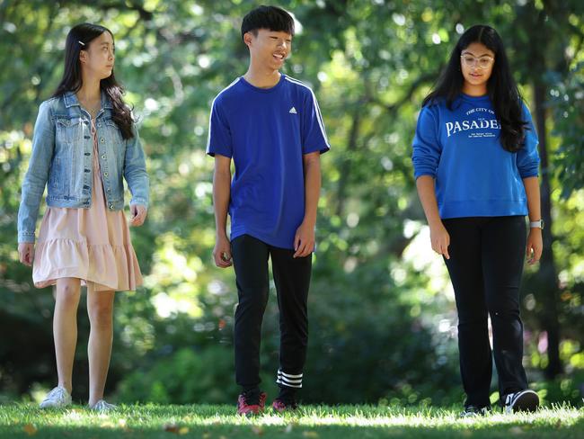 Theekshitha Karthik, right, with Arielle Wong and Zachary Cheng, said winning the Bee had a profound impact on her life. Picture: David Caird
