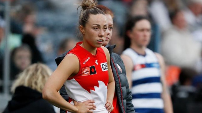 GEELONG, AUSTRALIA - OCTOBER 29: Paige Sheppard of the Swans looks on during the 2022 S7 AFLW Round 10 match between the Geelong Cats and the Sydney Swans at GMHBA Stadium on October 29, 2022 in Geelong, Australia. (Photo by Dylan Burns/AFL Photos via Getty Images)