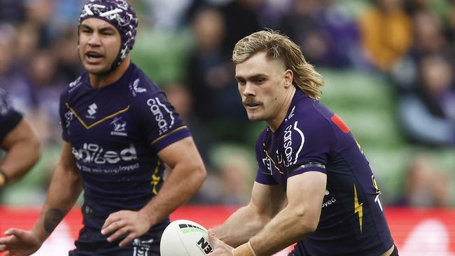 MELBOURNE, AUSTRALIA - AUGUST 26: Ryan Papenhuyzen of the Storm runs with the ball during the round 26 NRL match between Melbourne Storm and Gold Coast Titans at AAMI Park on August 26, 2023 in Melbourne, Australia. (Photo by Daniel Pockett/Getty Images)