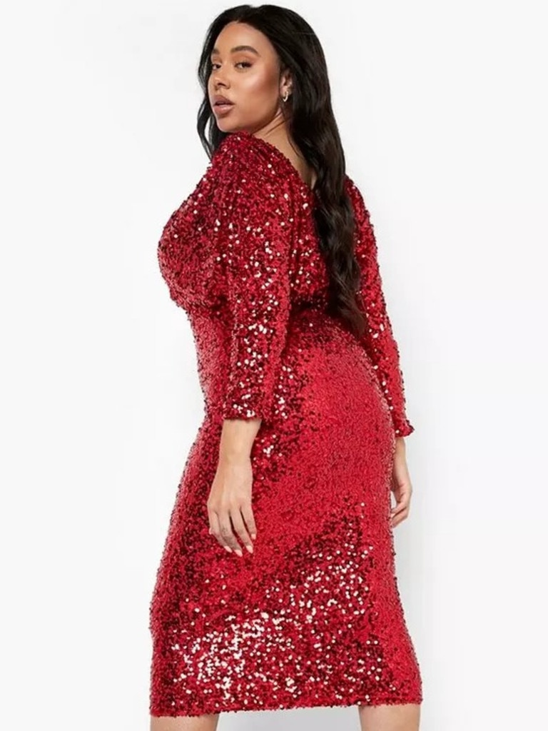 Boohoo Plus Sequin Off Shoulder Midi Dress. Image: Boohoo