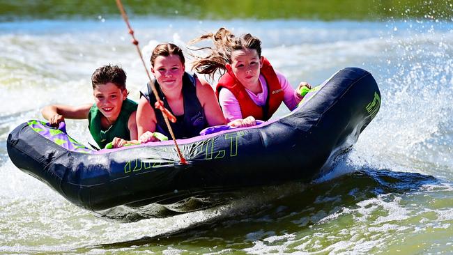 Xander Martin, Kayla Rhodes, Kyan Wishart at the Big 4 Caravan Park, Renmark. Picture: Grant Schwartzkopff