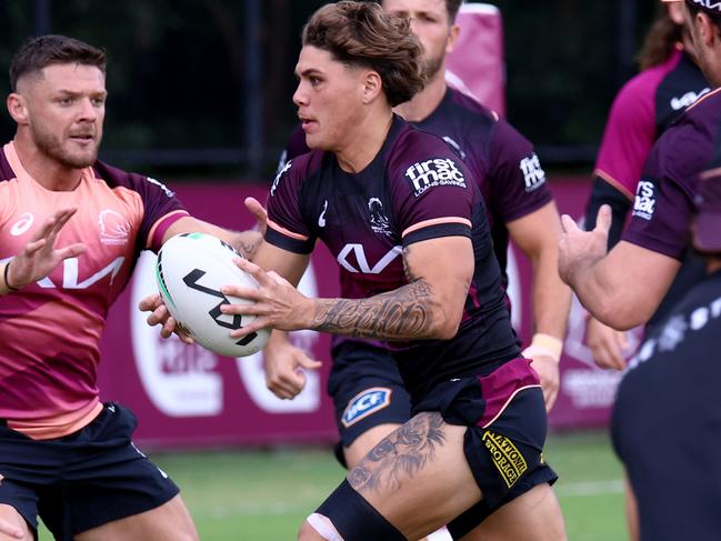 Brisbane Broncos training ahead of their Magic Round match against Manly - pictured is Reece Walsh Red Hill Thursday 16th May 2024 Picture David Clark