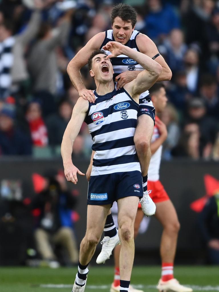 Jeremy Cameron cracked a beer late in the grand final. Picture: Quinn Rooney/Getty Images