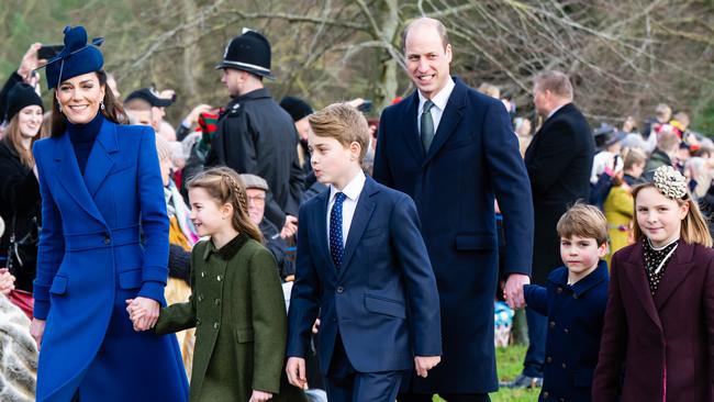 Kate with Princess Charlotte, Prince George, Prince William, Prince Louis and Mia Tindall at Sandringham Church on Christmas Day. Picture: Samir Hussein/WireImage