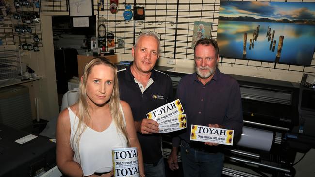 Chantal Wharton with Copy Shop Business Centre director Steve Parsonage and Prong Trimble with Toyah Cordingley bumper stickers in 2018. Picture: Peter Carruthers