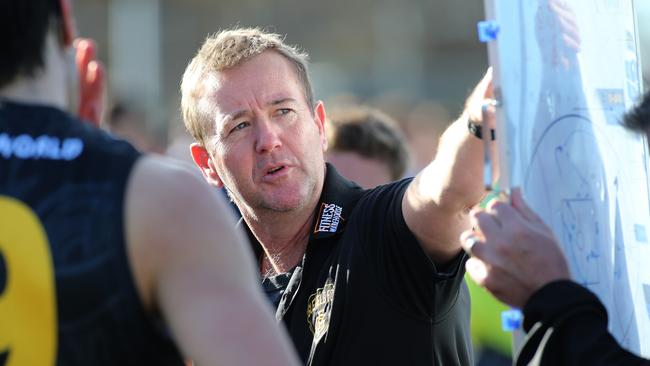 Glenelg coach Mark Stone addresses the troops this season. Picture: Dean Martin