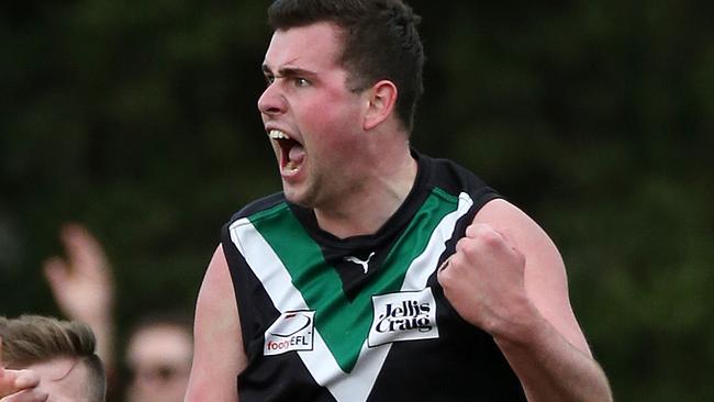 EFL  (Division 4) grand final: Donvale v Forest Hill at Walker Park, Nunawading,  Nick Murphy of Donvale celebrates his goal in the fourth quarter10th September.   Picture : George Salpigtidis