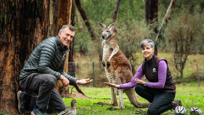 Polar explorer Tim Jarvis, now leading the Forktree Project, with Trees for Life chief executive Natasha Davis at Cleland Wildlife Park. Picture: Tom Huntley